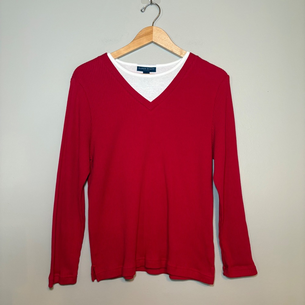 VTG 90s Mom Karen Scott Red Ribbed Layered V-Neck Long Sleeve Top P/XL Cotton